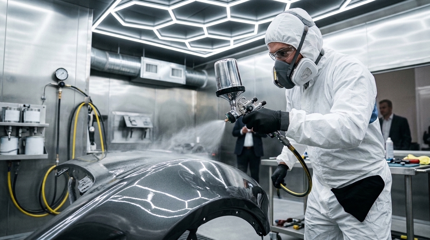 Pintor automóvel profissional a aplicar verniz em cabine com pistola de pintura de gravidade
