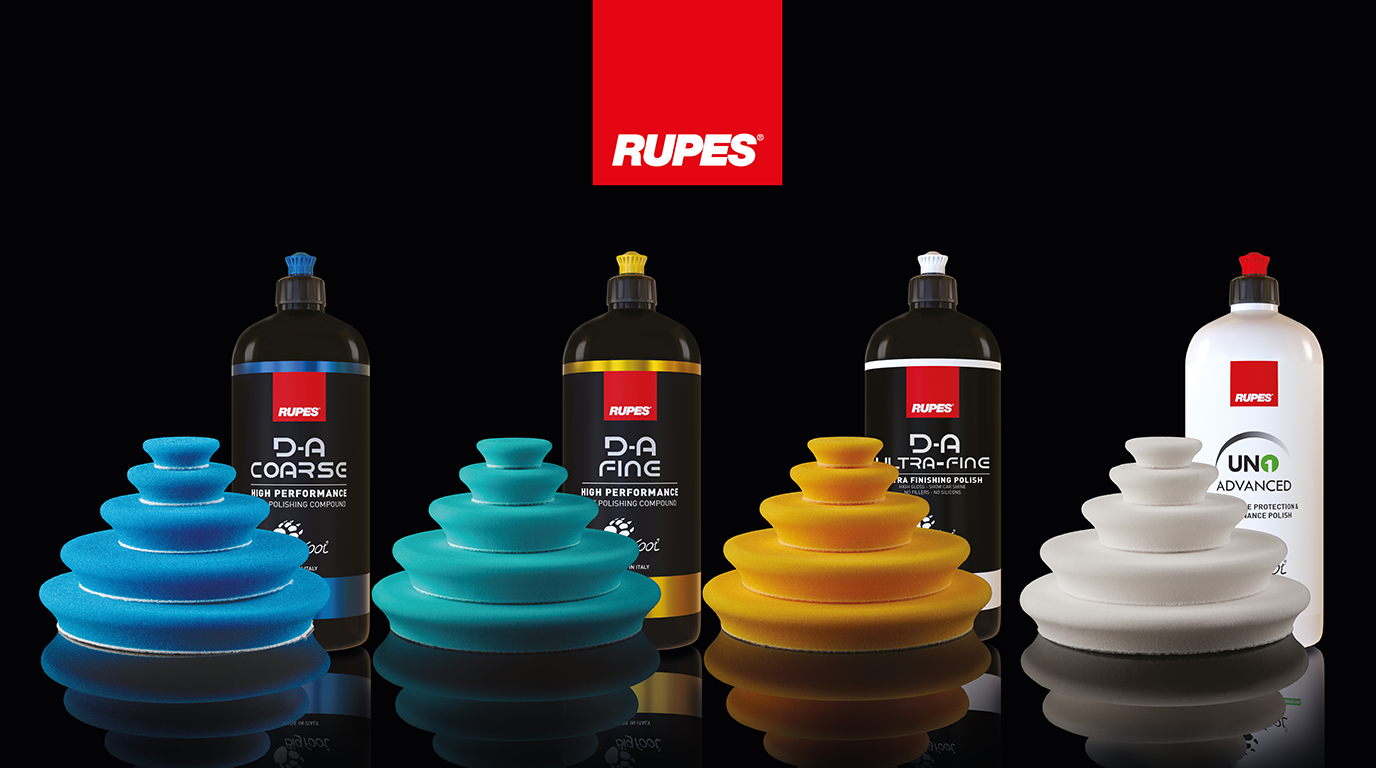 Tabela e sistema de cores de massas de polir e boinas RUPES para tirar riscos automóvel